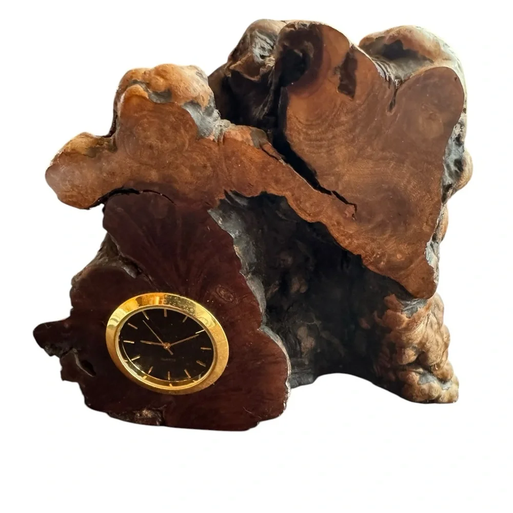 Signed Charles Elkan Live Edge Wood Mini Quartz Clock